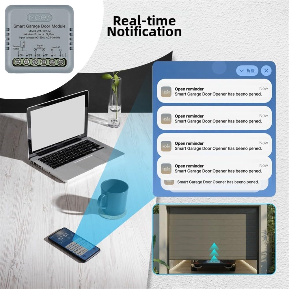 Interrupteur intelligent pour ouvre-porte de garage avec contrôle par application pour Tuya pour ZigBee pour Alexa Minuterie d'intégration et alertes en temps réel pour la domotique