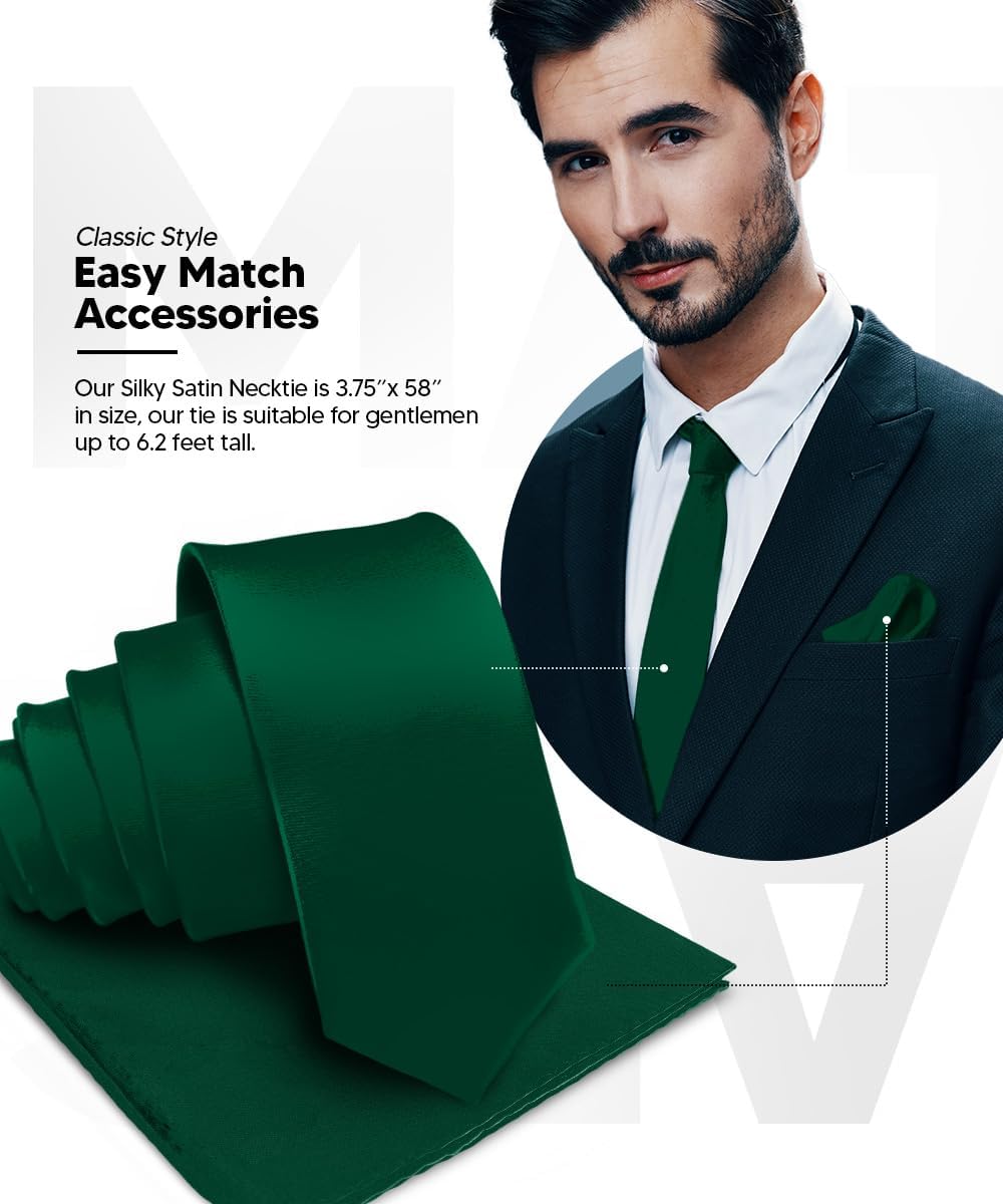 Premium Solid Satin Necktie & Pocket Square Set for Men - Matching Men's Tie Set