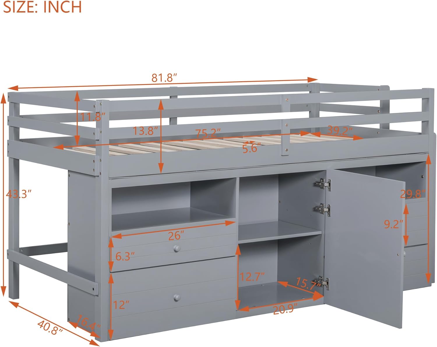 Twin Size Loft Bed with 4 Drawers,Underneath Cabinet and Shelves,Bedroom Wood Storage Bed Frame W/Elegant Design,Space-Saving,No Box Spring Required,for Kids Teens Girls Boys,Gray