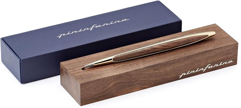 PININFARINA CAMBIANO LUXURY GOLD. Stylus Pen With Ethergraf Metal Alloy Tip, Yellow Gold Plated and Solid Walnut Wood Inserts with Desk Stand. Inkless Writing Utensil.