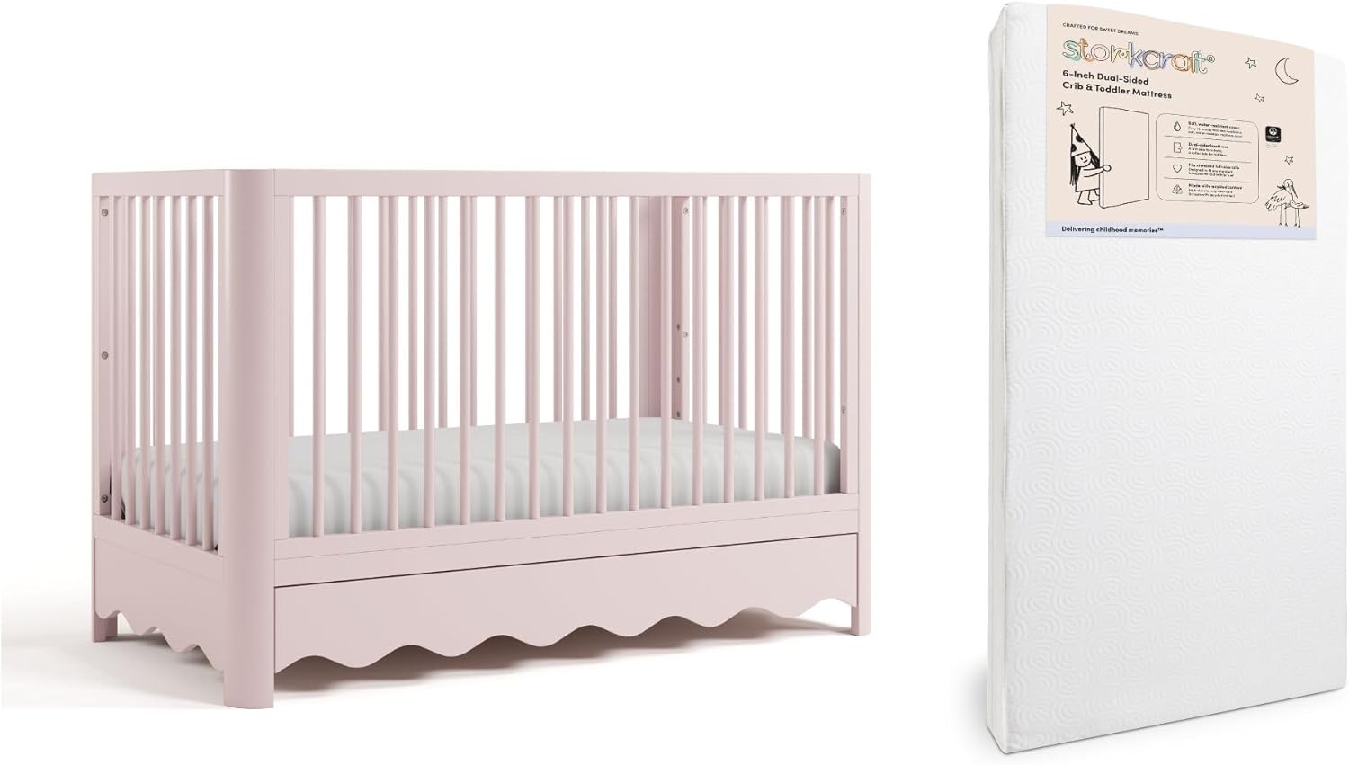 Storkcraft Casablanca Convertible Crib with Drawer & Storkcraft 6-Inch Grow-with Me Premium Waterproof Dual-Sided Baby Crib & Toddler Bed Mattress (Blush) – GREENGUARD Gold Certified