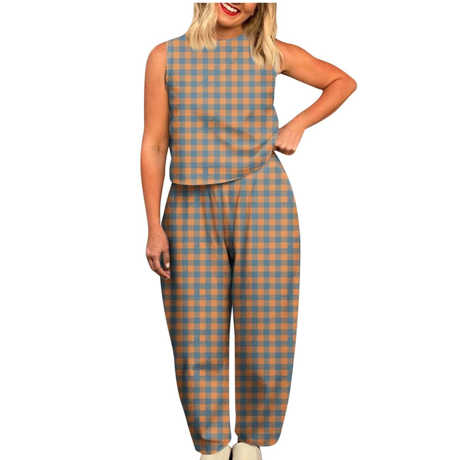 Gingham Co Ord Sets for Women, Summer Lounge Clothing, 2 Piece Outfit, Gingham Check Print, Sleeveless Top and Trousers, Women's Travel Outfit, Airport Set for Holiday-image-39