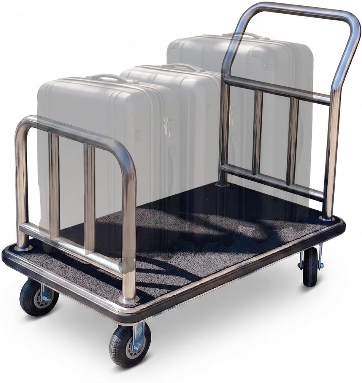 Hotel Luggage Cart - Heavy Duty Bellman Trolley with Bumper Guard, Stainless Steel Hotel Trolley with Black Carpet & 6" Rubber Silent Wheels for Resorts (42" L x 26" W x 38" H)