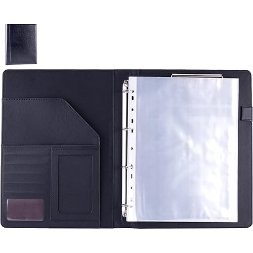 Enyuwlcm PU Leather Padfolio Ring Binder with Clipboard Resume Leather Portfolio with 20 Clear Plastic Sleeves Black