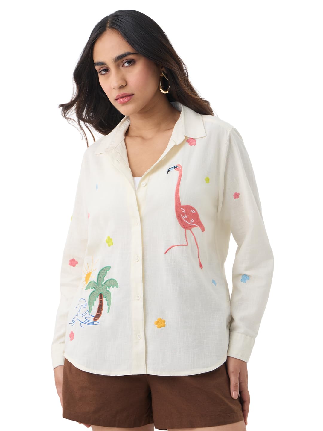the souled store Aloha Women and Girls Full Sleeves Spread Collar Off White Embroidered Cotton Regular Fit Lightweight Summer-Ready Casual Wear Shirt-picture-15