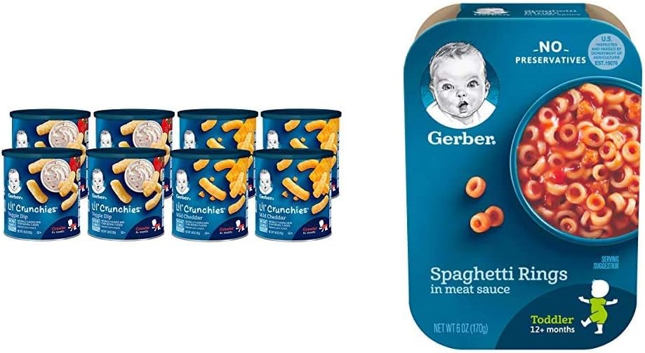 Snacks for Baby Value Pack (8 Pack) and Gerber Spaghetti Rings in Meat Sauce (6 Pack)