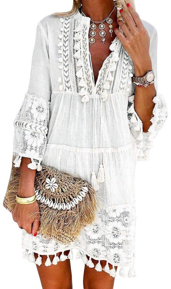 Onsoyours Vestido Casual Manga 3/4 De Encaje Boho Playa para Mujeres Verano Suelto Borla V Cuello SóLido Talla Grande Blusa