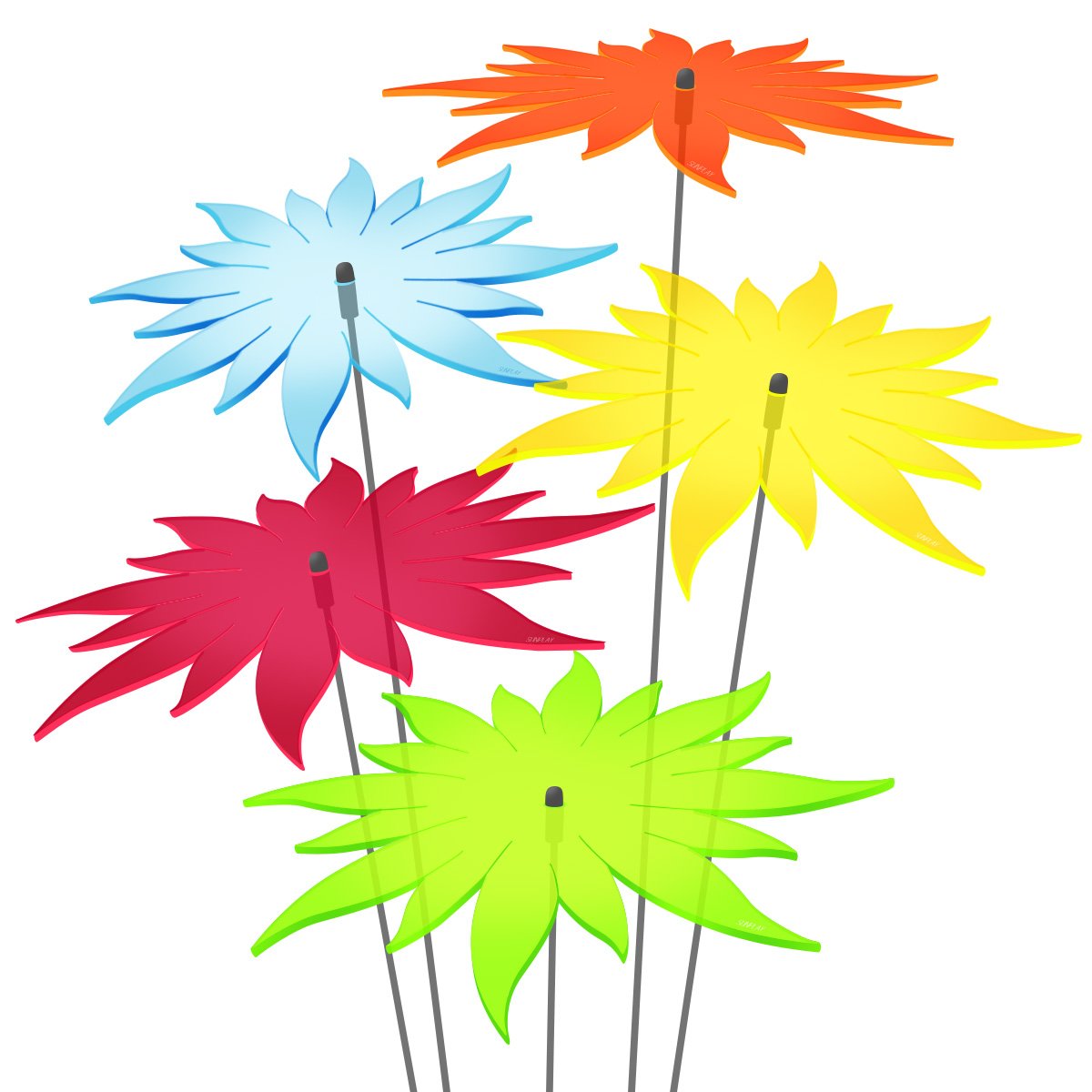 SUNPLAY Sonnenfänger - Sonnenblumen 5er-Set - Blau, Gelb, Grün, Orange, Rot - Ø 20 cm Durchmesser + Schwingstäbe
