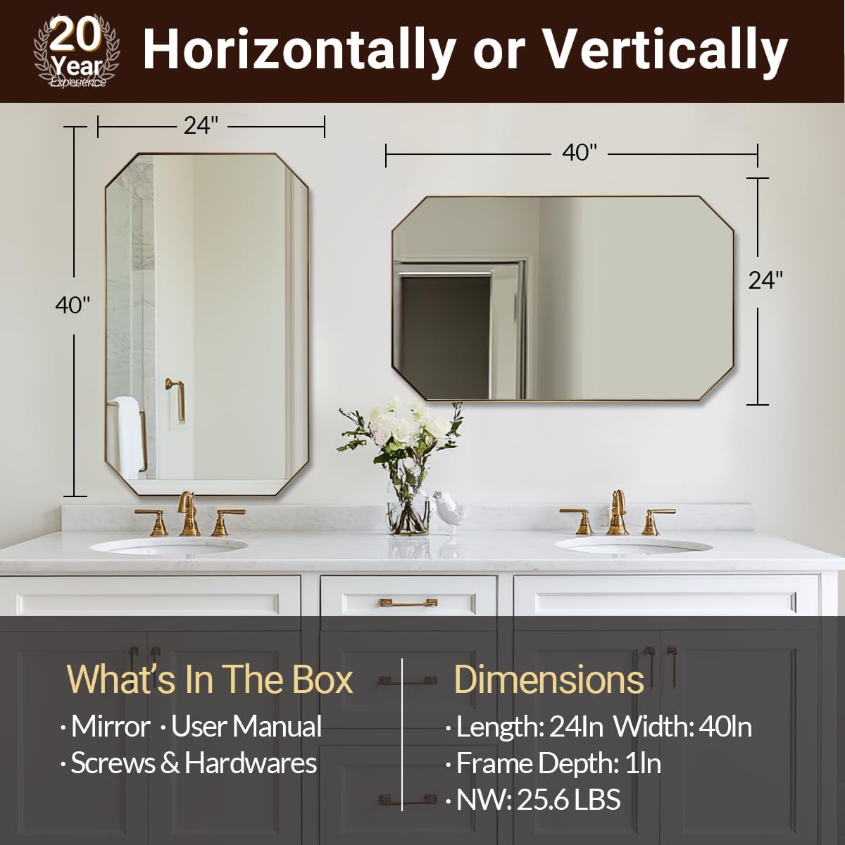 ANDY STAR Gold Octagon Bathroom Mirror, 24x40 Inch Stainless Steel Metal Frame, Anti-Rust, Shatterproof HD Glass, Wall Mounted for Bathroom, Bedroom, Living Room