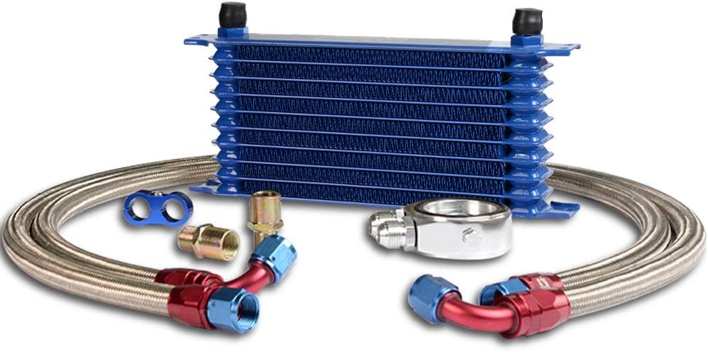 PIT66 Enfriador de aceite universal de transmisión de motor AN10 compatible con modelo japonés azul de 10 filas de aluminio con filtro de