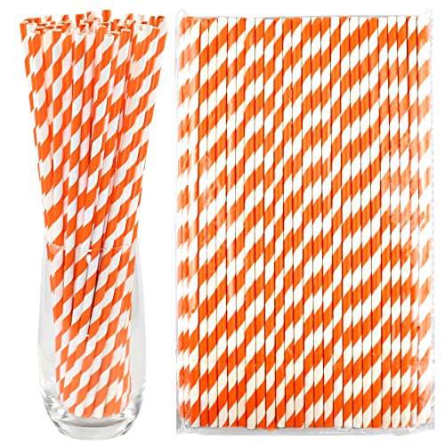 26 cm Extra Long Paper Drinking Tubes 100 Counts, 0.6 cm Diameter, Orange/White Stripes - Biodegradable High Straws