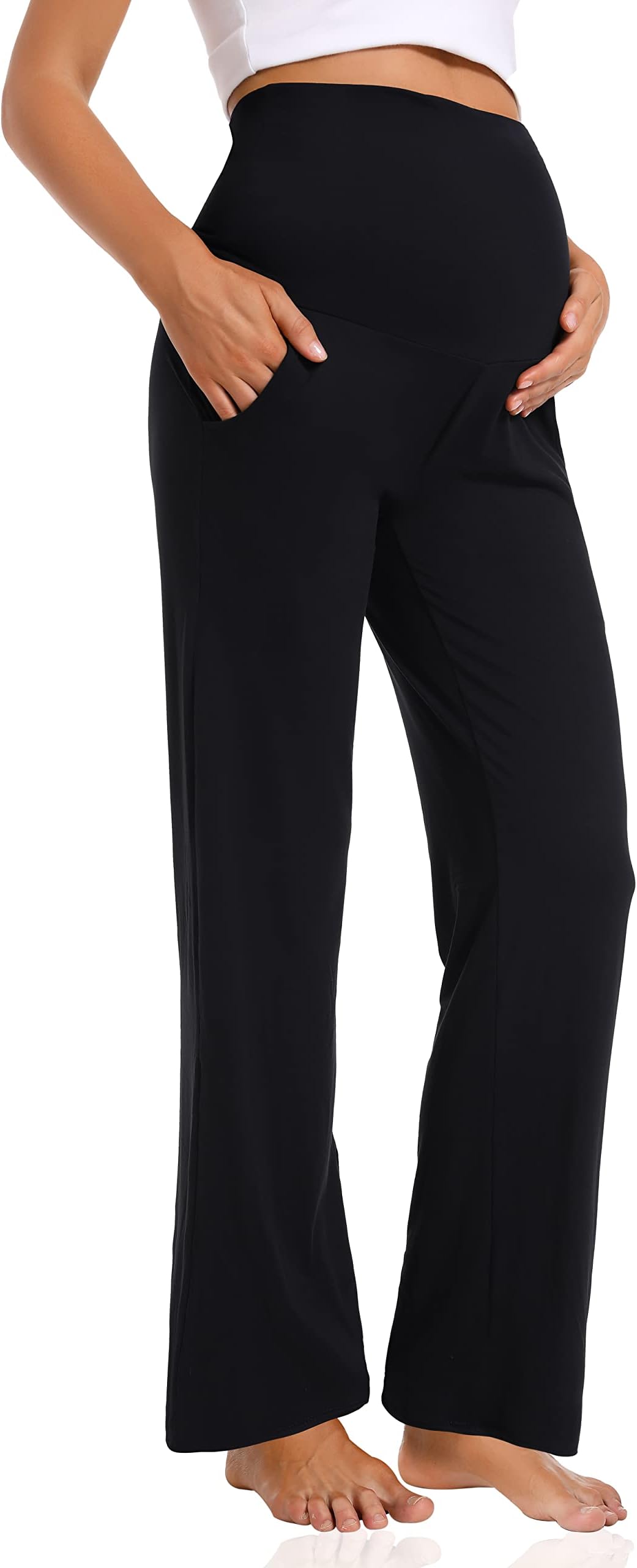 Foucome Women's Maternity Trousers Casual Loose Cozy Wide Leg Pants Pregnancy Lounge Work Trousers with Pockets
