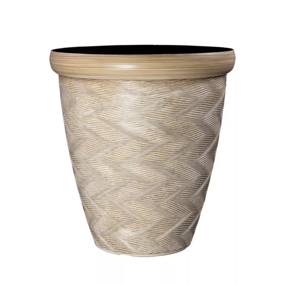 Fyne-Finds Round Beige Plant Pot 33cm Patterned Rim 14L Tall Woven Garden Indoor Outdoor Planter Cover Drainage Holes, Weather, Frost Proof, Gloss Finish (1)