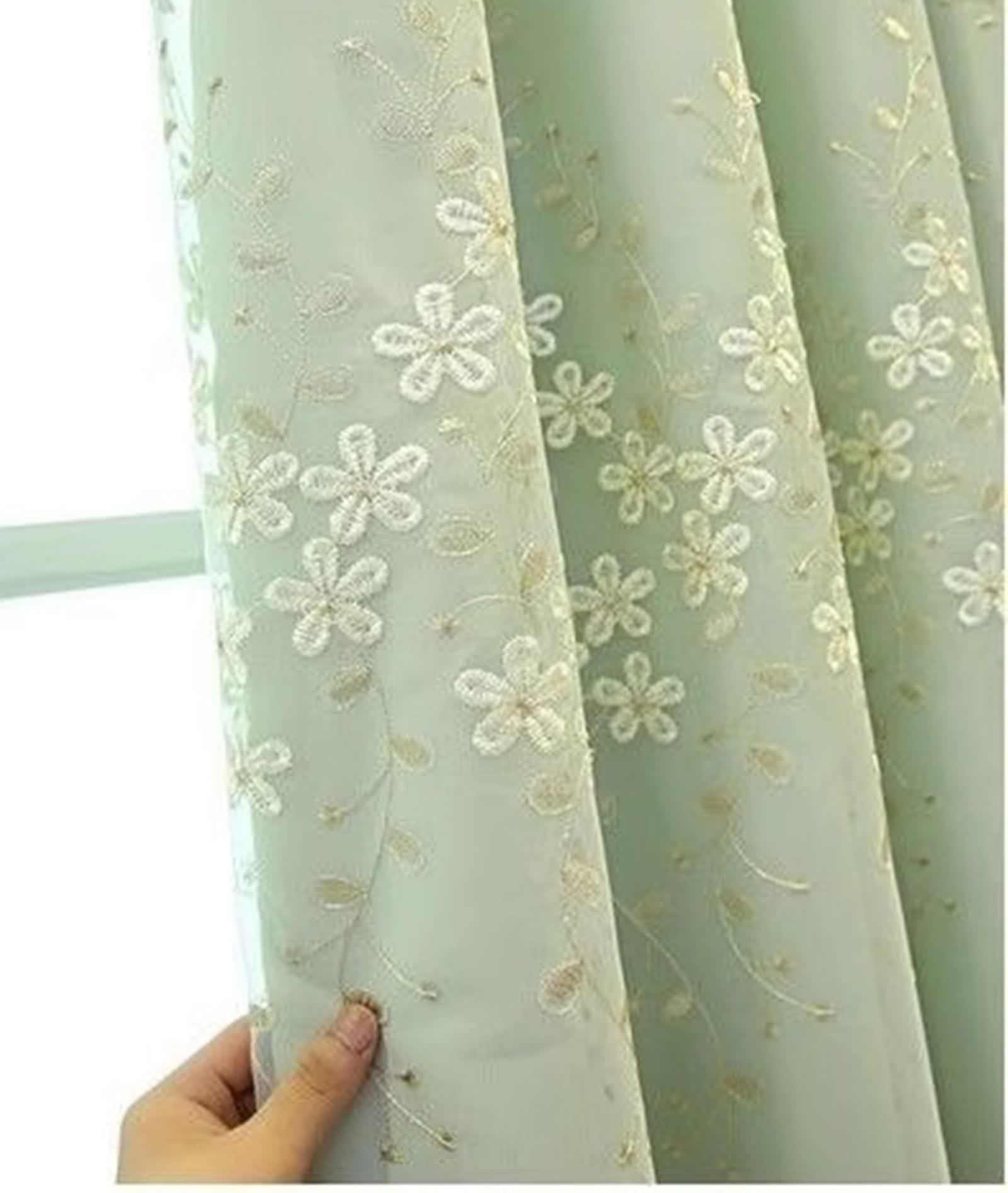 Rideau Fenetre Vert, Occultant Rideaux Fenetre Chambre Lot de 2 Tissu Broderie en Dentelle Double Couche LxH 132x274cm