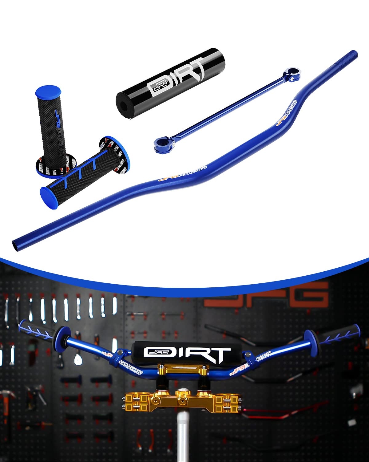 Photo 1 of JFG RACING 1 1/8" 28mm Motorcycle Handlebar Kit With Cross Bar & Chest Pad & Grips & Grip Donuts Compatible To Most ATV Dirt Pit Bike BLUE