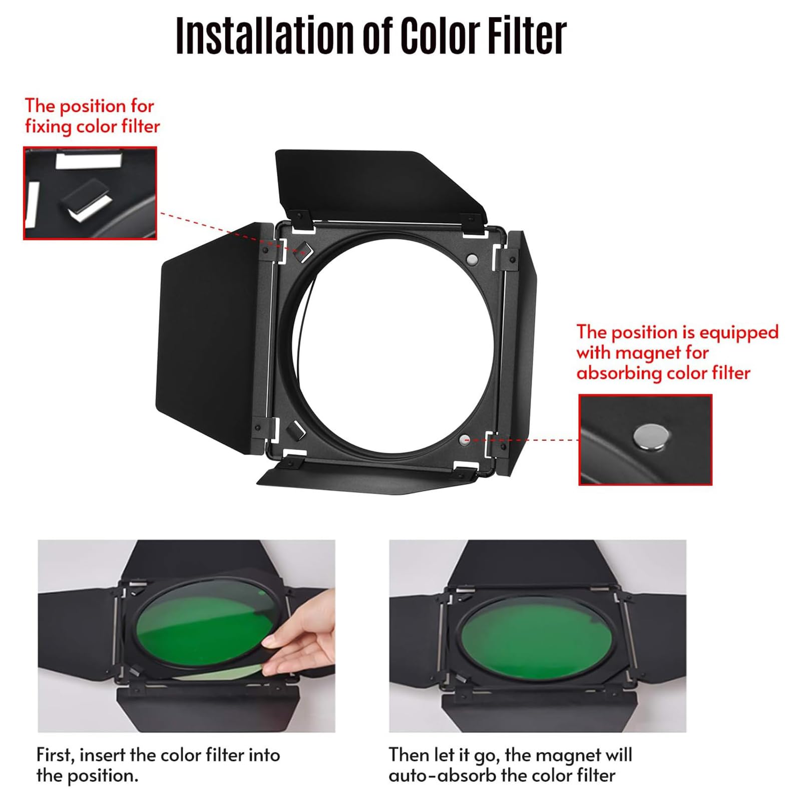 Kit de porte de grange solide pour réflecteur standard de 17,8 cm avec grille en nid d'abeille et 4 filtres de couleur