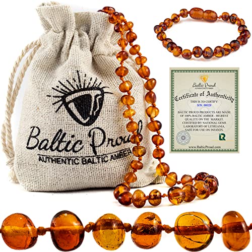 Image of Baltic Amber Necklace and Bracelet Gift Set (Unisex Cognac 12.5 Inches/5.5 Inches) - Certified Premium Quality Raw Baltic Sea Amber
