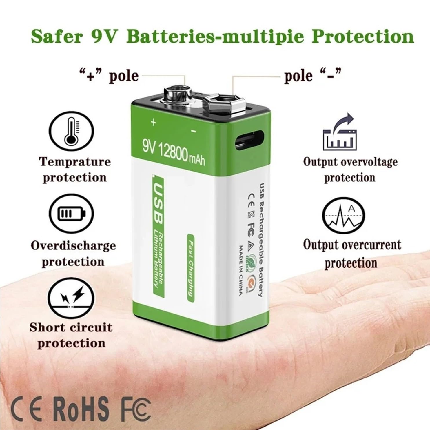 Batería Recargable Baterías De Litio Micro USB De 12800 MAh, Compatible con Multímetro Micrófono Control Remoto De Juguete KTV BruNew Batería De Iones De Litio De 9 V(4PCS)