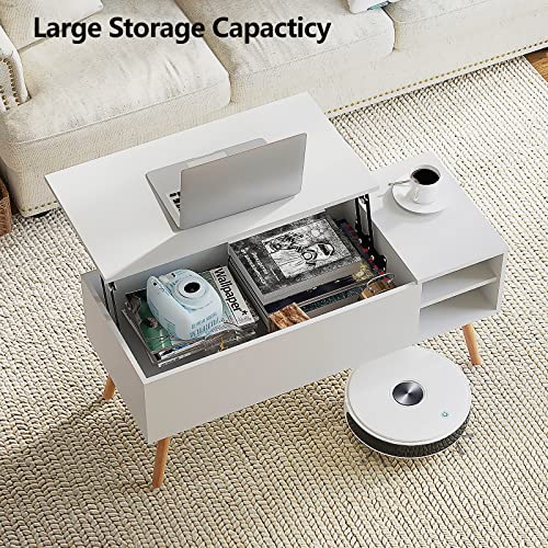 Tantmis Wood Lift Top Coffee Table With Storage, Mid Century Modern Farmhouse Coffee Table, Small Coffee Tables For Living Room, Office, White #TOP2