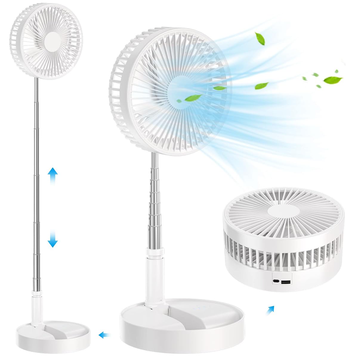 Foldable Floor Fan,Rechargeable Battery Powered,USB Floor Fan,Portable,Height Adjustable,Mini Electric Fan,4 Wind Speed Settings,Suitable for Bedroom,Office,Camping (White)
