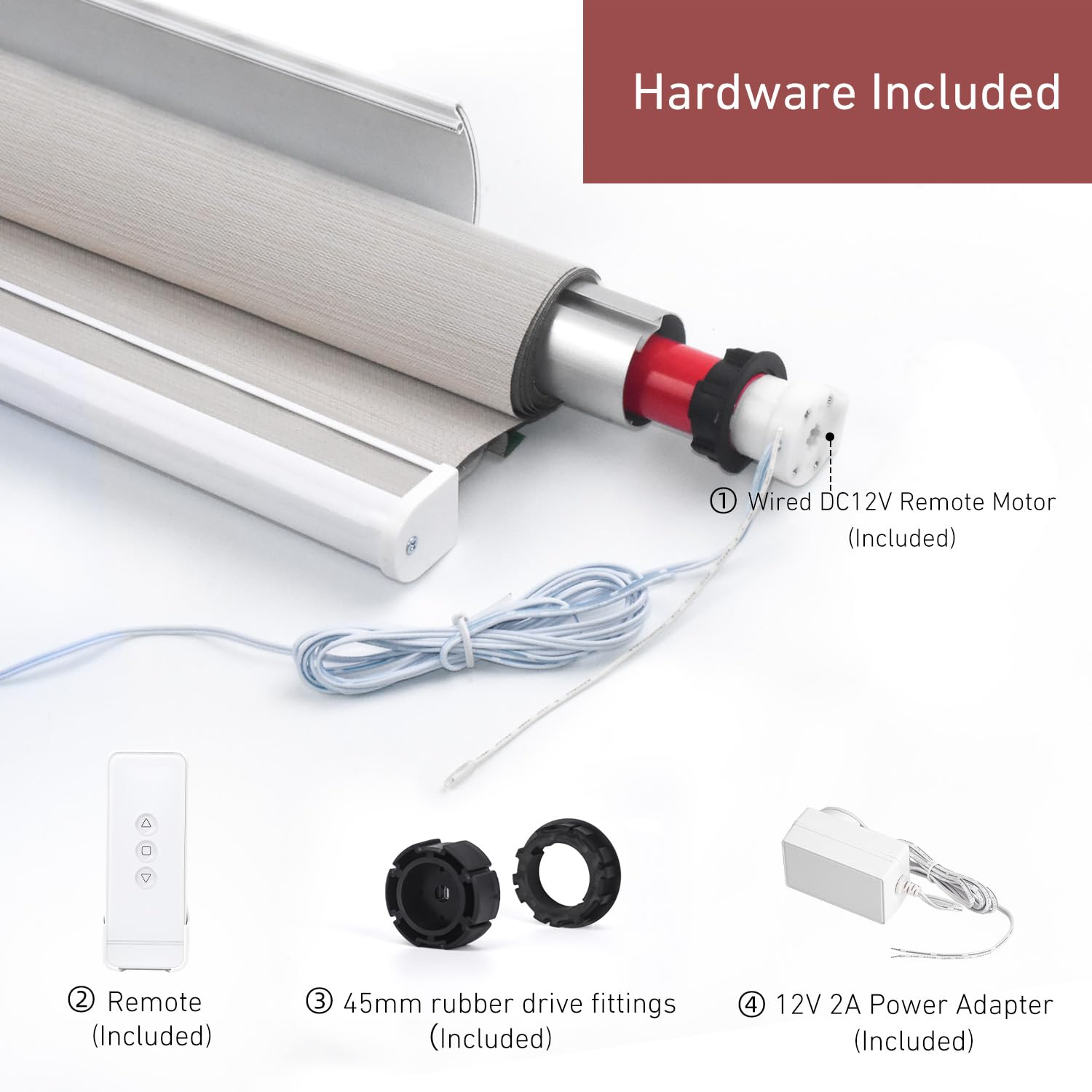 Rollerhouse Motore cieco da 45 mm - Motore a tubo ombreggiante da 12 V con telecomando - Compatibile con tubi da 45 mm, alimentazione con alimentatore DC 12V 2A