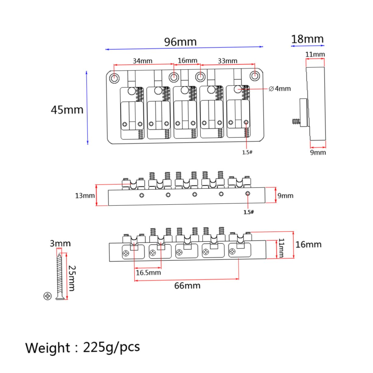 ifundom Bass Bridge Fixed for 5 String Electric Bass Guitar Guitar Parts Accessories Gold Black Finish Hard Tail Bridge