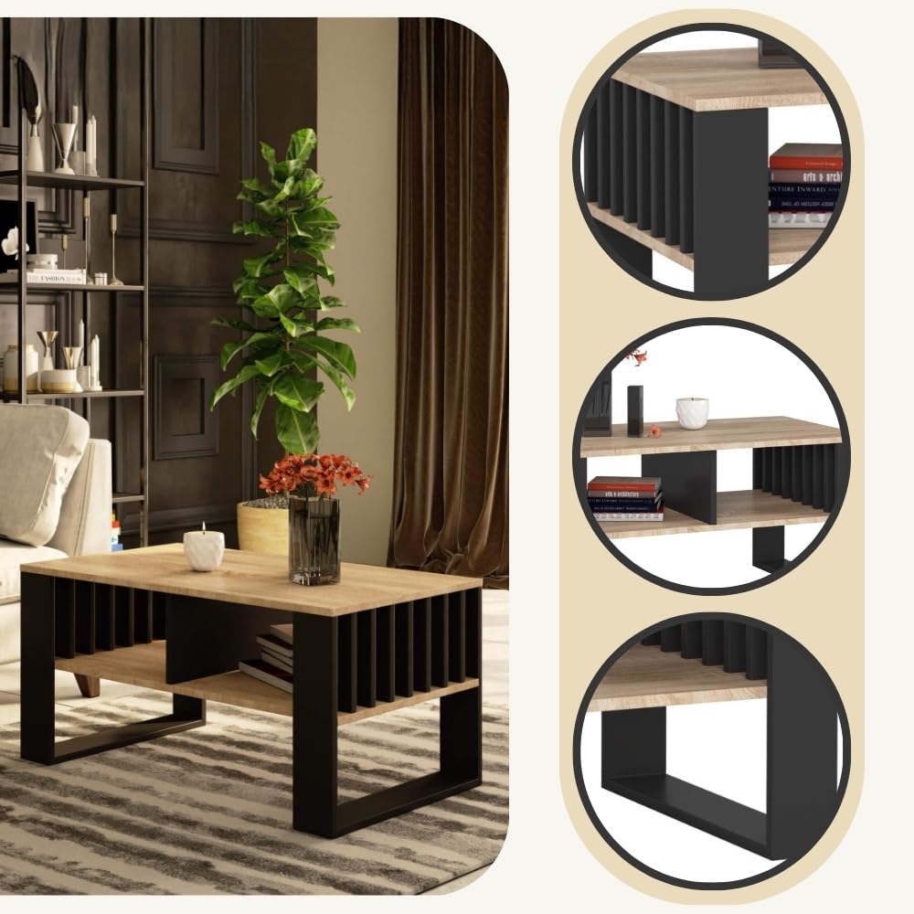 Table Basse - Design Moderne Rustique - Table De Salon - Table D'appoint - Gris / Noir Mat - 92