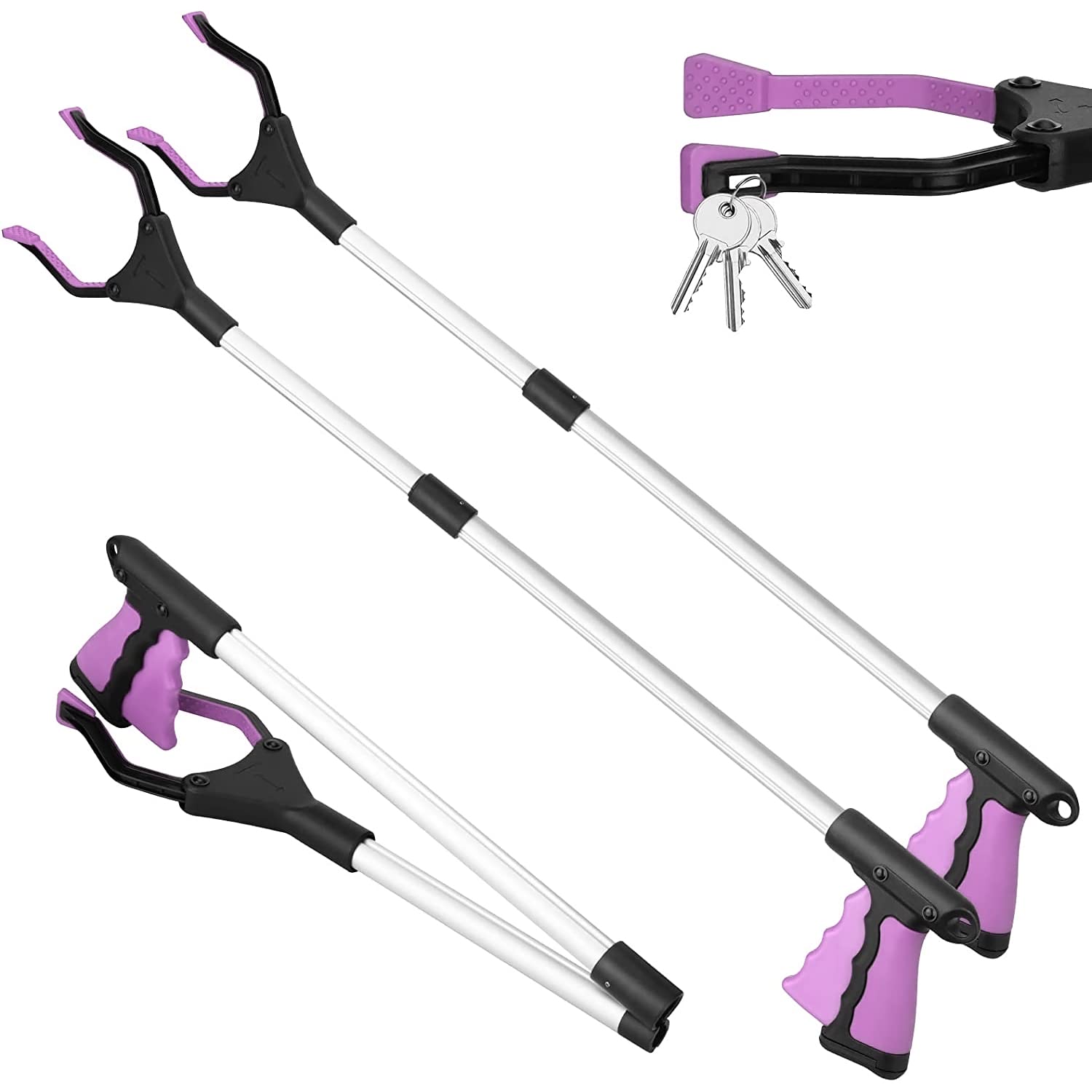 2 Pack 32 Inch Reacher Grabber Tool with 360° Anti-Slip Rotating Jaw,Foldable Grabbers for Elderly,Lightweight Trash Claw Grabber with Magnet,Garden Nabber,Mobility Aid Reaching Assist Tool(Purple)