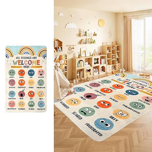 Cehapimo 3 ft x 5 ft Calming Corner Items Calm Down Classroom Rug Feelings Chart Emotion Reading Corner Soft Fluffy Mental Health Rug Anti-Skid Floor Mat (All Feelings Chart (Rectangular))
