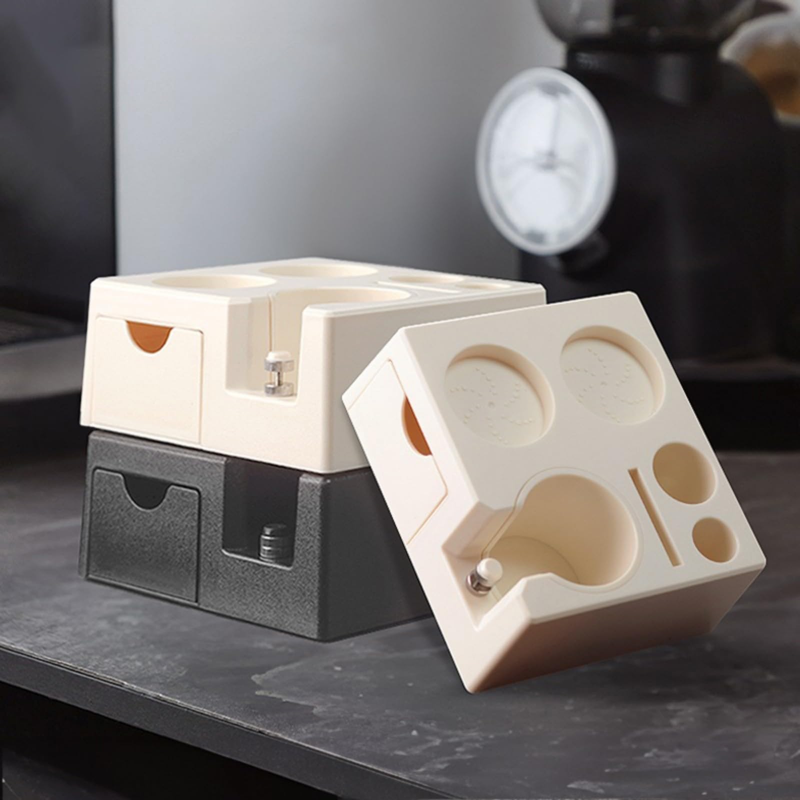 Multifunktionale Espresso-Tamperstation mit Aufbewahrungsboden für Baristas, Kaffee-Zubehör, quadratisch, Schubladen-Stile