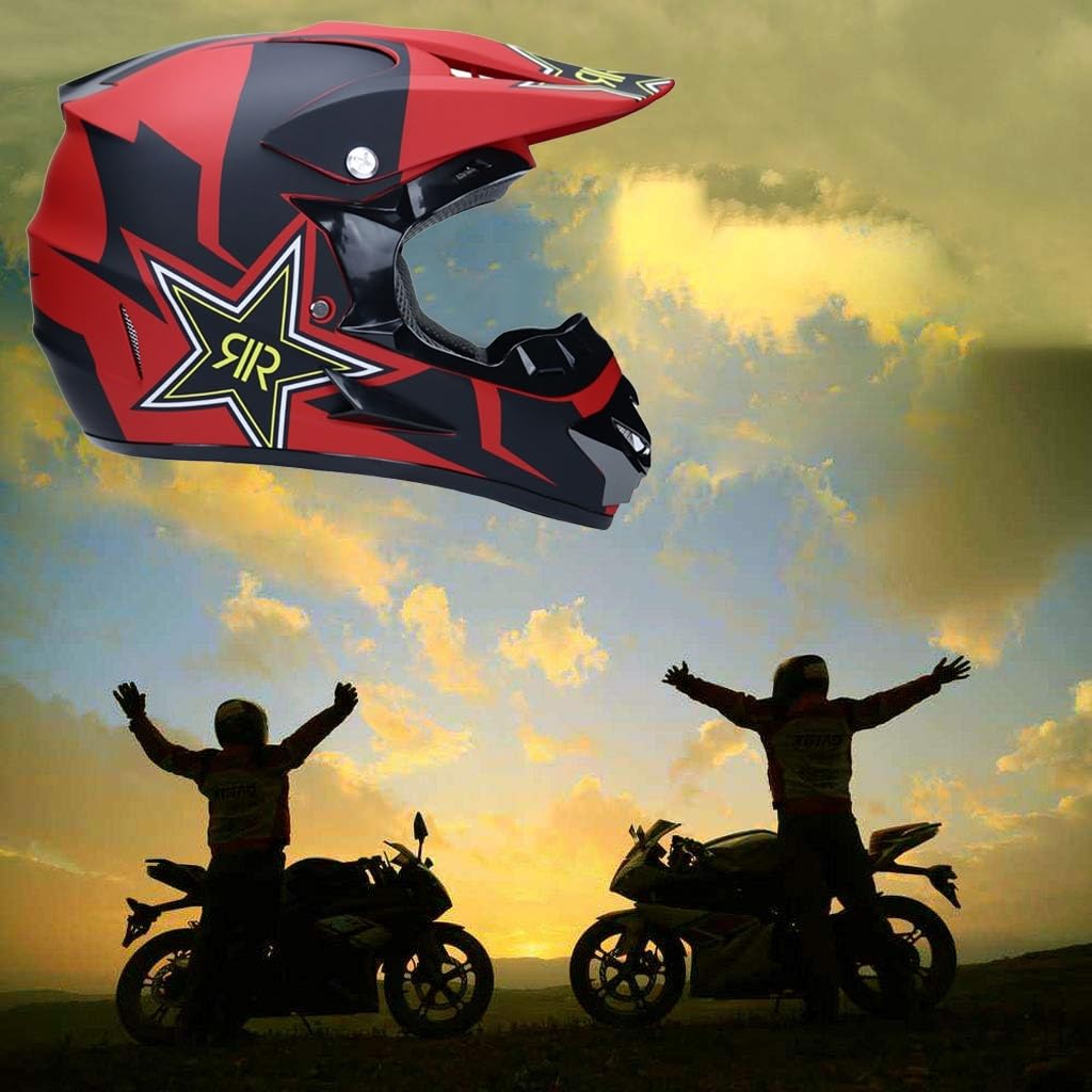 Jeunesse Enfant Casque Motocross, Mode Intégral Hors Route Scooter Casque de Moto, Une Descente BMX MTB VTT Enduro Quad Dirt Bike Casque, avec Lunettes Gants Masque