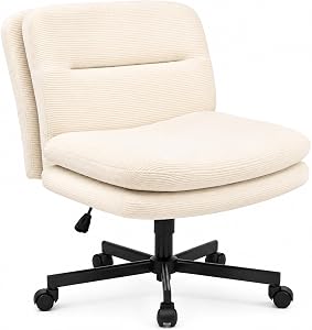 Durrafy Cross Legged Office Chair, Criss Cross Chair with Wheels, Armless Wide Seat Desk Chair, Double Layer Cushion, Height Adjustable Swivel Vanity Chair for Home Office Bedroom Study, Beige