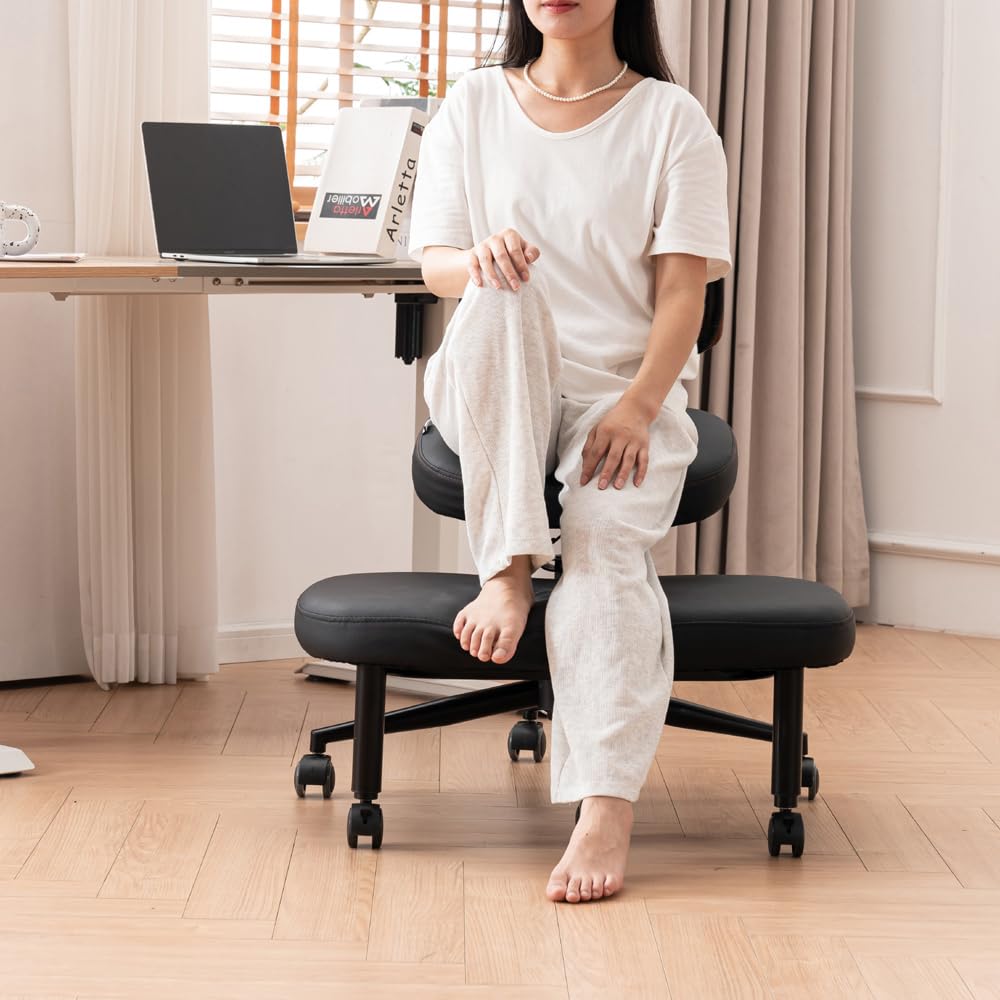 Chaise genoux ergonomique avec dossier, tabouret réglable pour une meilleure posture, assise rembourrée avec roulettes, noire