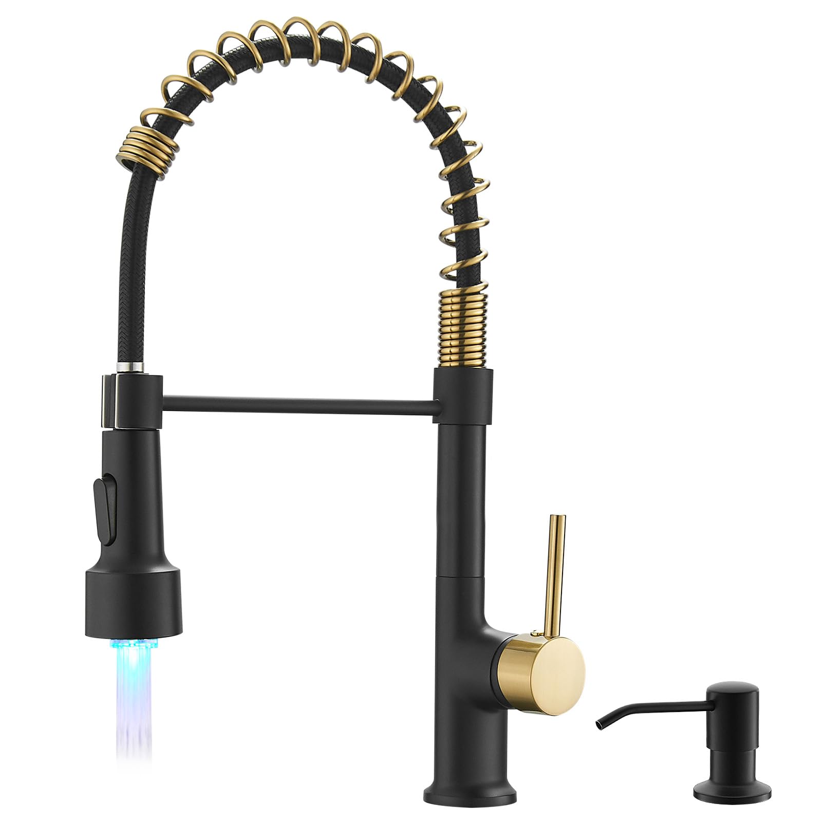 GIMILI Black and Gold Kitchen Faucet with Soap Dispenser Single Hole Pull Down Sprayer LED Faucet, Suitable for Farmhouses, RV, Laundry Room, Outdoor, and Campers. Llave para fregadero de cocina