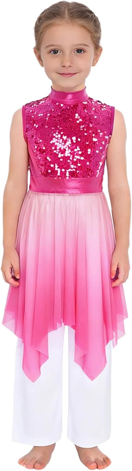 Kids Girls Worship Praise Dance Outfit Sleeveless Sequin Liturgical Tunic Overlay Dress with Wide Leg Pants