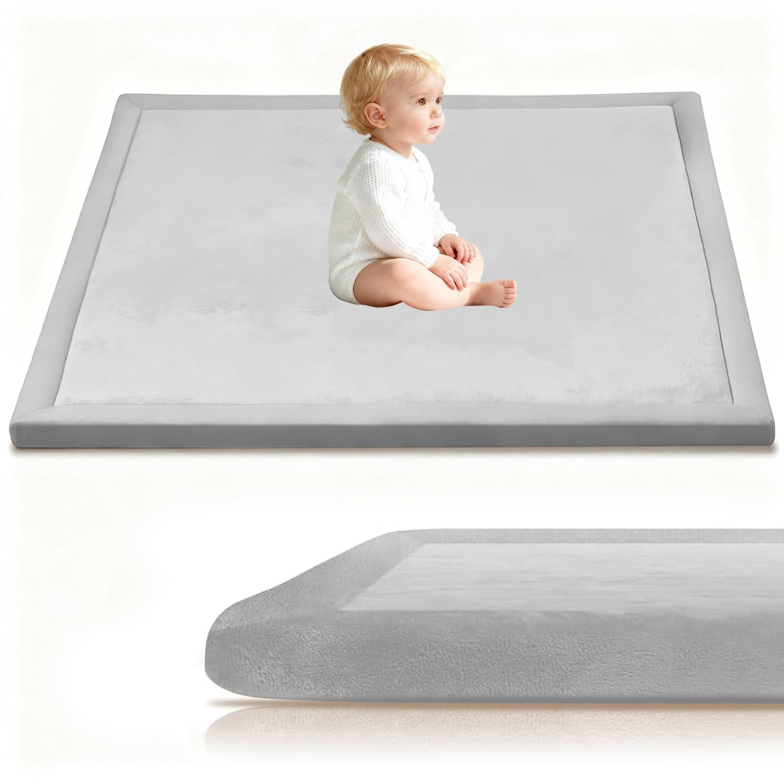 Stqyeiw 3cm Thick Baby Crawling Mat, Baby Play Mat 50 x 80 cm Silver Grey Nursery Rug for Crawling Playing for Bedroom Kids, Non Slip Coral Velvet Babies Mats for Floor Play