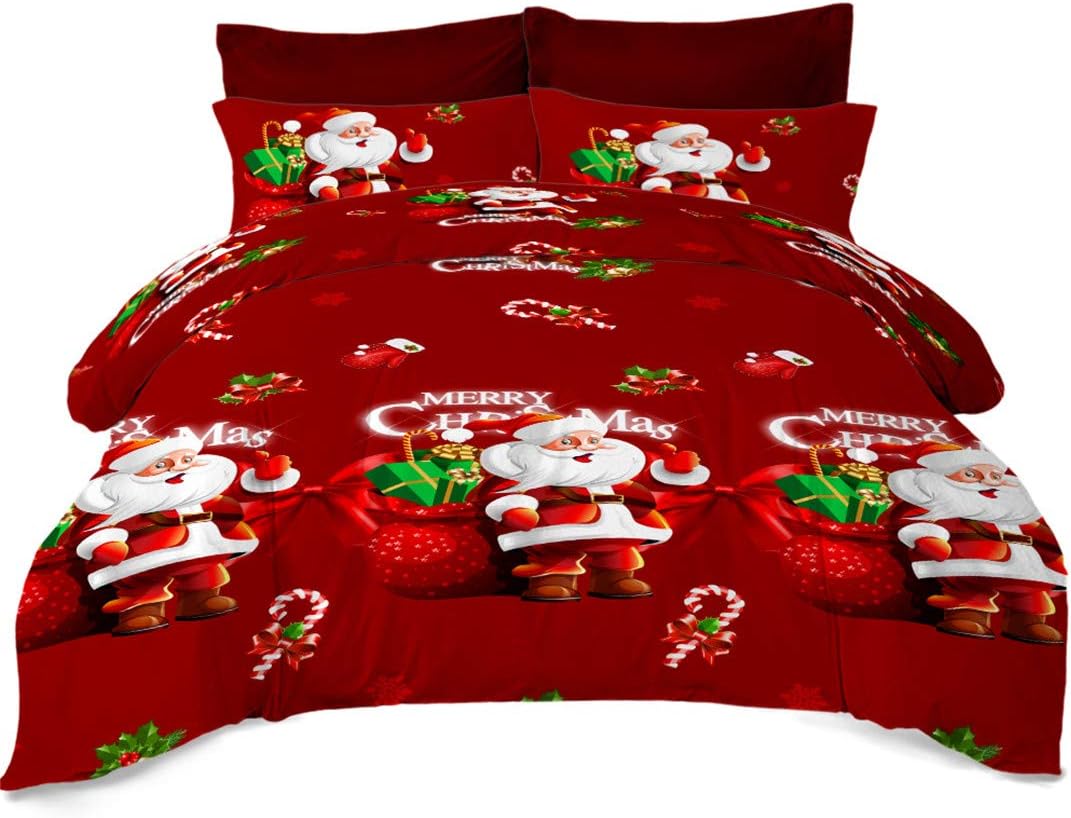 Rhap 3D Cartoon Christmas Printed Duvet Cover King Size Set, Red Santa Claus King Quilt Cover Set Kid's Christmas Bedding Decor