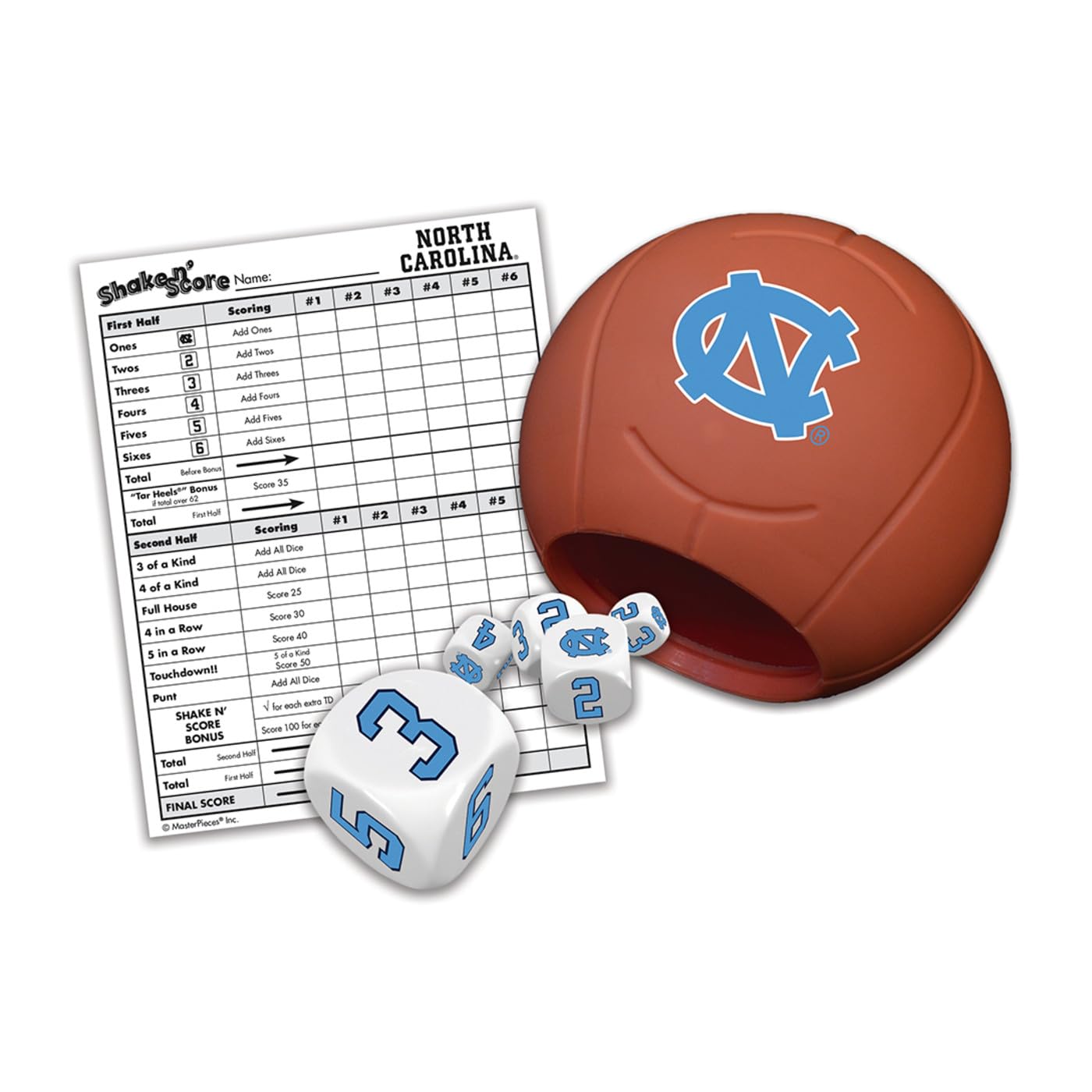 MasterPieces NCAA North Carolina Tar Heels Shake n' Score Juego de Dados de Viaje, Surtido, 6 x 5.25 x 4 Pulgadas