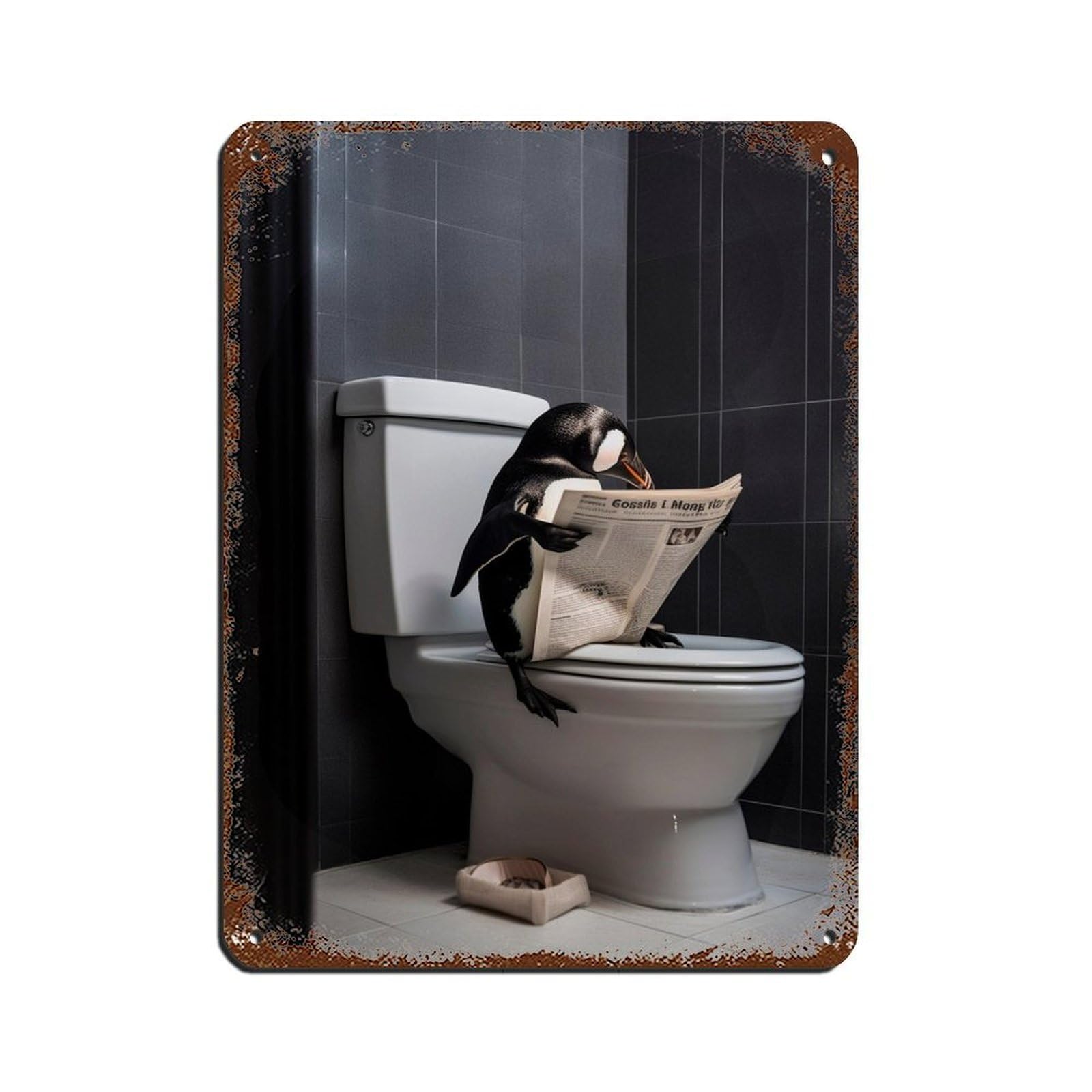 Penguin on Toilet Reading The Newspaper Retro Poster Metal Tin Sign Chic Art Retro Iron Painting Bar People Cave Cafe Family Garage Poster Wall Decoration 12x16inch(30x40cm)