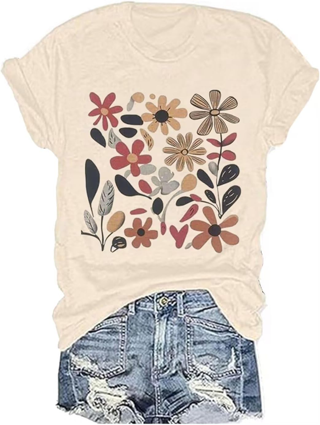 Vintage Floral T Shirt Women Boho Flowers Graphic Tees Shirts Cute Wildflowers Shirt Summer Casual Short Sleeve Tops