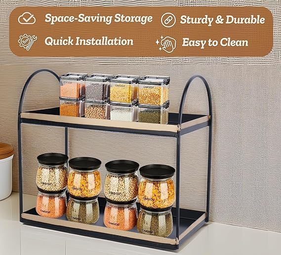 Image of Niyara Iron Metal Heavy Duty Stand 2-Tier multistorage /Multipurpose Standing Rack, Bathroom Countertop Storage Shelf Cosmetic Organizer Holder Kitchen Spice Rack, (Round Black with Gold)