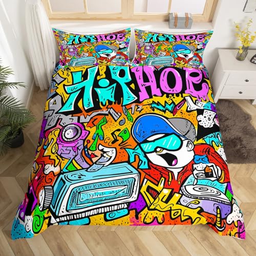 Boys Hip Hop Bedding Set for Kids Boys Teens Youth Hippie Duvet Cover 2 Pieces 135 x 200cm & 2Pillowcase Watercolor Graffiti Soft Microfiber Graffiti Wall Art Design Comforter Cover with Zipper