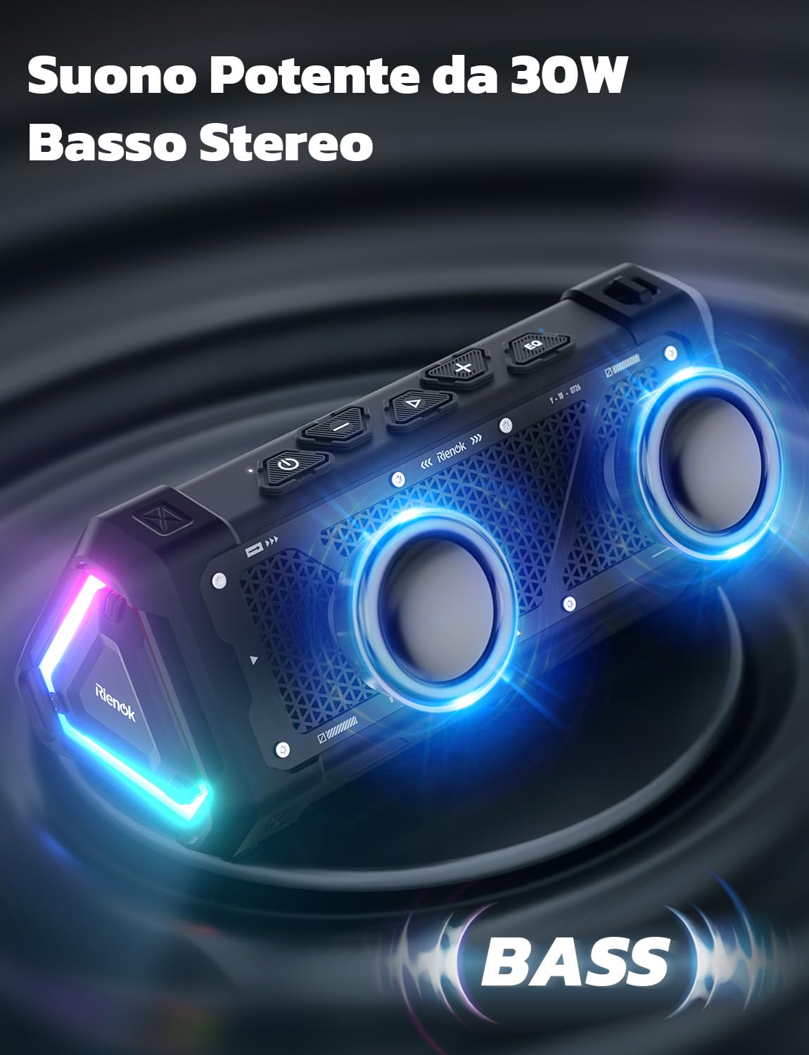 RIENOK S11 Cassa Bluetooth Potente Portatile IPX7 Impermeabile, Modalità Voce/Musica/Basso, Modalità Audio USB, Vero Stereo Senza Fili, Luce LED, Supporta TF, Ricaricabile Tipo-C