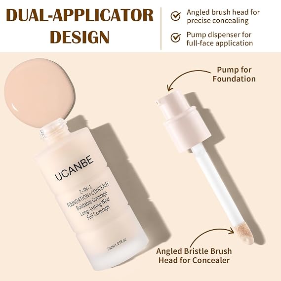 UCANBE 2-IN-1 Foundation + Concealer, Full Coverage Long-Lasting Matte Makeup for Normal, Combination and Oily Skin, Buildable Waterproof Formula with Hyaluronic Acid (01 Fair Ivory)