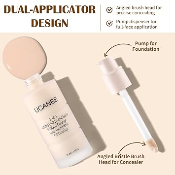 UCANBE 2-IN-1 Foundation + Concealer, Full Coverage Long-Lasting Matte Makeup for Normal, Combination and Oily Skin, Buildable Waterproof Formula with Hyaluronic Acid (01 Fair Ivory)