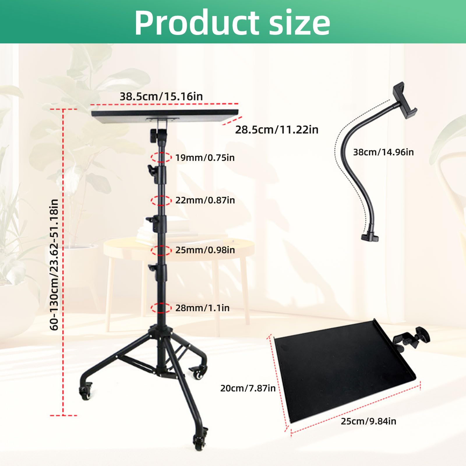 Support Projecteur avec roulettes, support de sol pour tablette avec bande élastique, hauteur réglable de 60 cm à 120 cm, trépied polyvalent