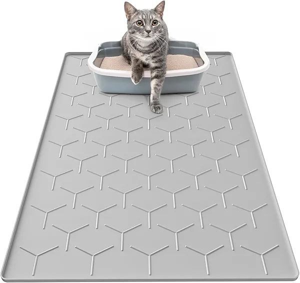 Garoopion Cat Mat for Litter Box, Large 34" X 22" Cat Litter Mat, Waterproof Silicone Pad for Floor, Gray