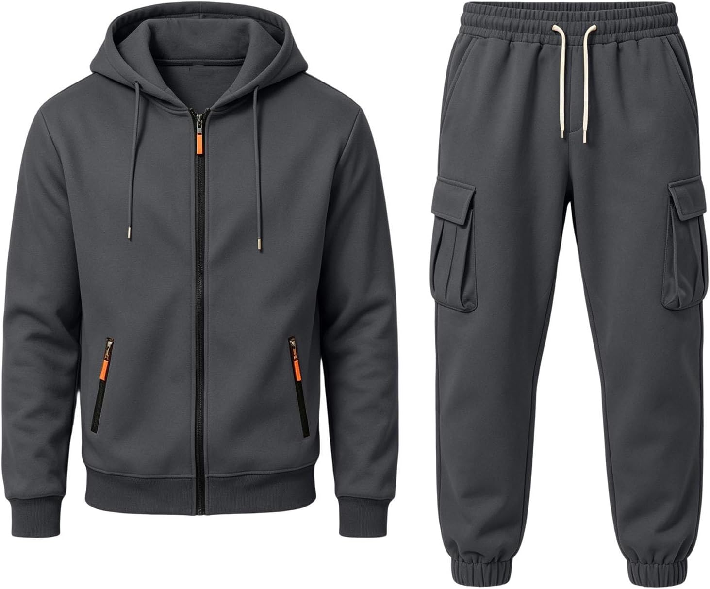 Men's Full Zip Cargo Hoodie Set Multi Pocket Sweatpants Tracksuit