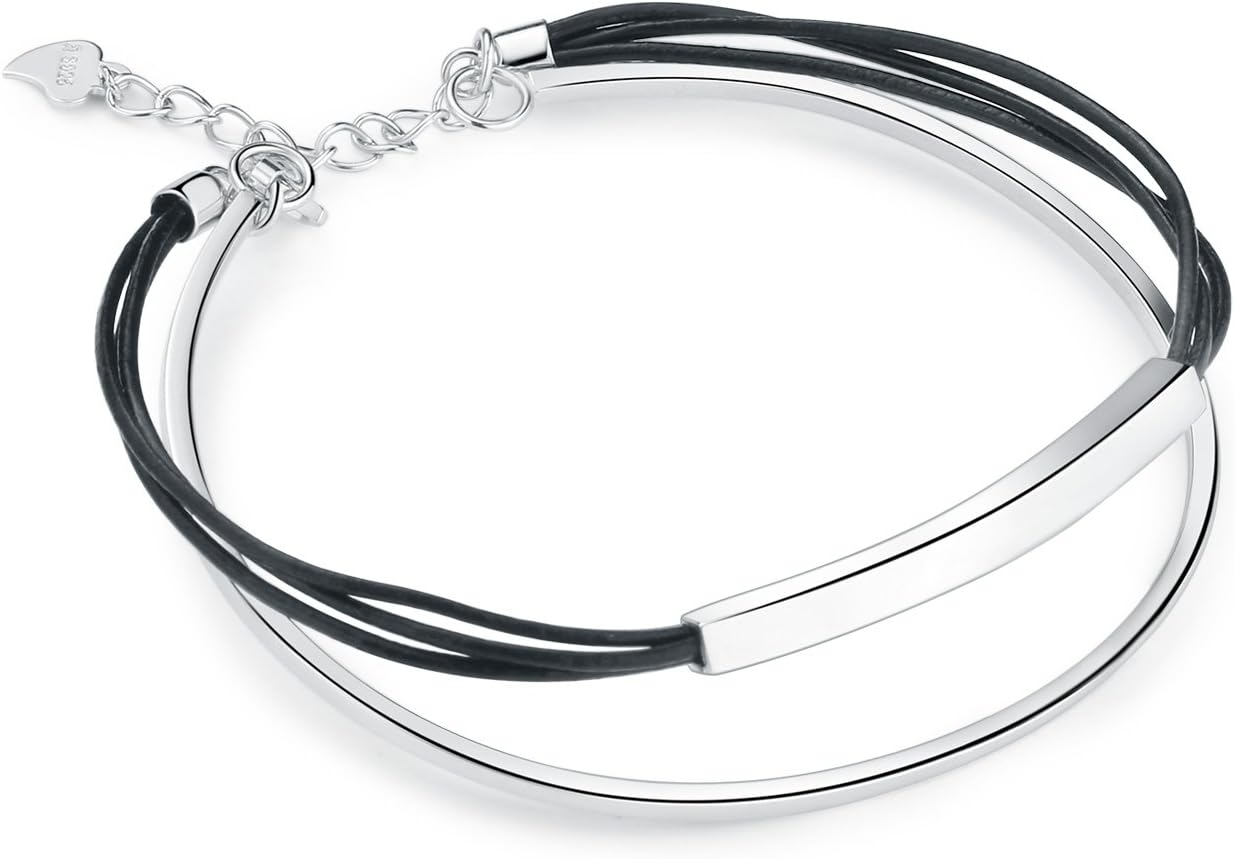 SA SILVERAGE 925 Sterling Silver Black Leather Rope Wrap Bracelets for Cool Women Men 2-Layer Cuff