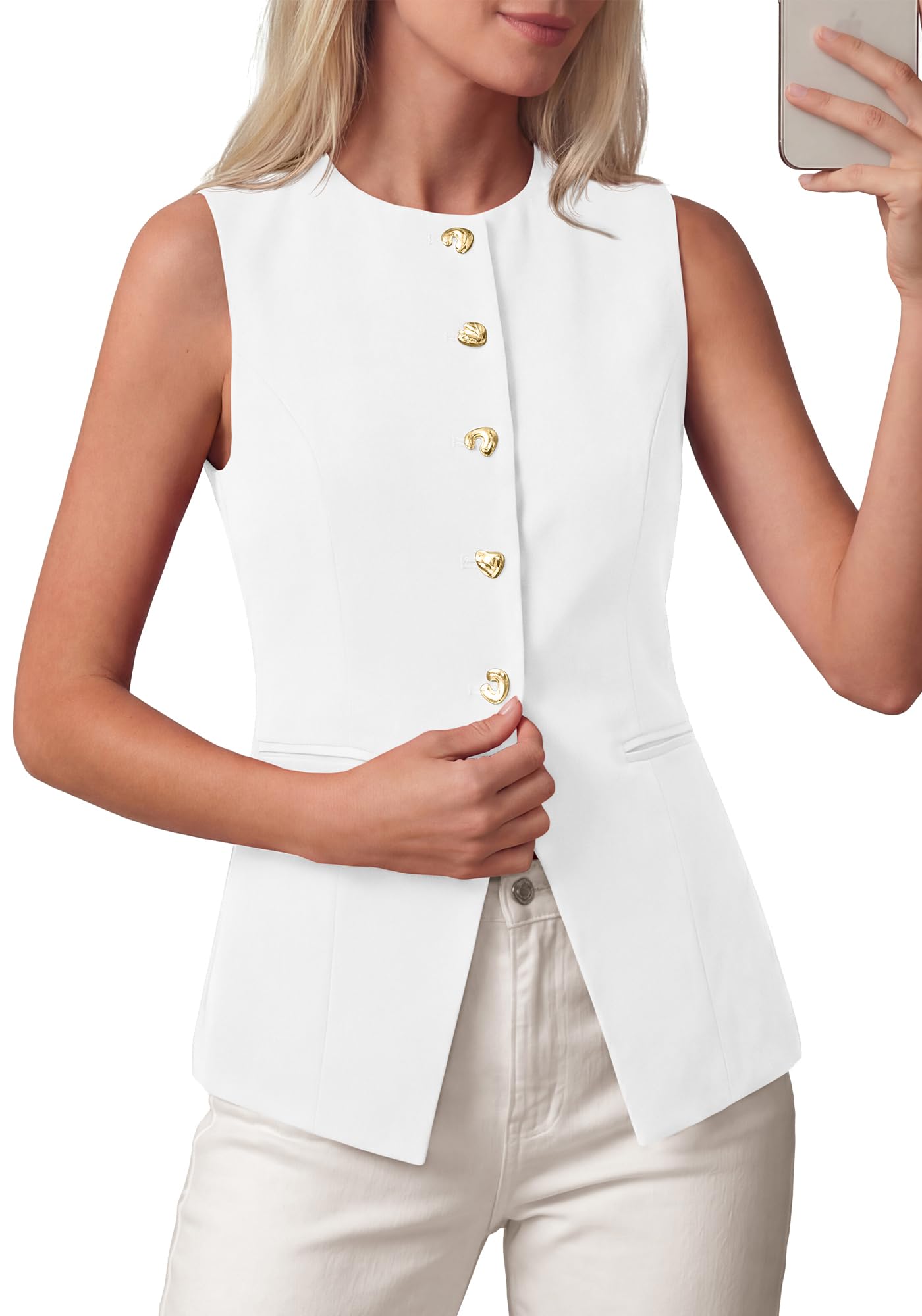 Blazers for Women Vest Tops Business Casual Outfits Button Down Sleeveless Pockets Office Work Clothes Spring 2026-image-13
